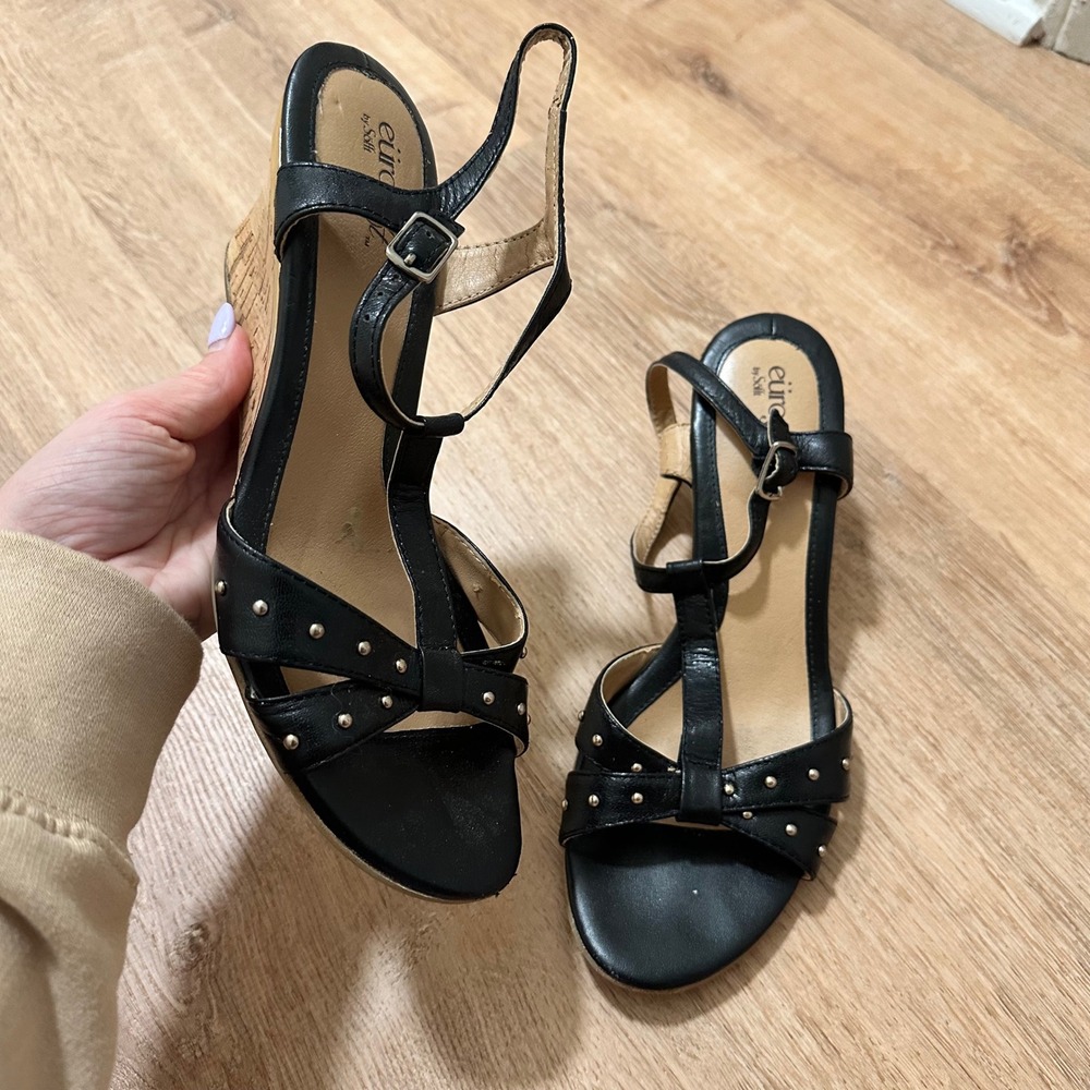 EuroSoft by Sofft | Woman's Loane Black Leather Studded Cork Wedge Sandals, 9M